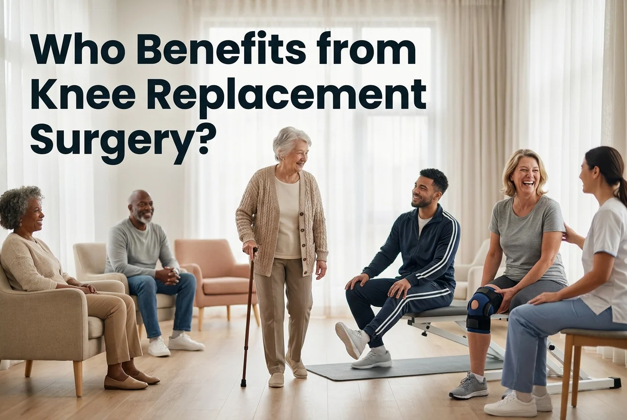 Diverse group of patients in clinical recovery settings illustrating partial knee replacement and total knee replacement candidacy at KCM Clinic