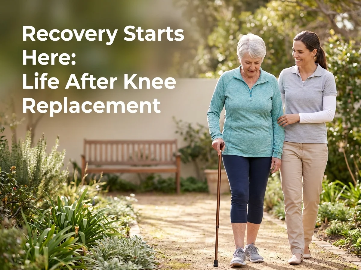 Patient walking outdoors during knee replacement recovery time after surgery at KCM Clinic