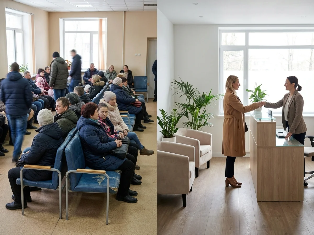 Crowded NHS-style waiting room next to a calm private clinic reception, side by side comparison