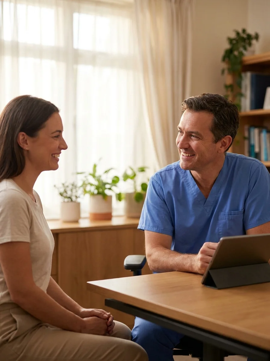 KCM Clinic surgeon consulting with a patient about Oxford Knee replacement in a warm, professional clinic setting