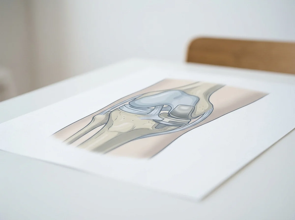 Oxford Knee replacement anatomical illustration showing the meniscal-bearing mobile-platform implant placed over the medial compartment of the knee joint