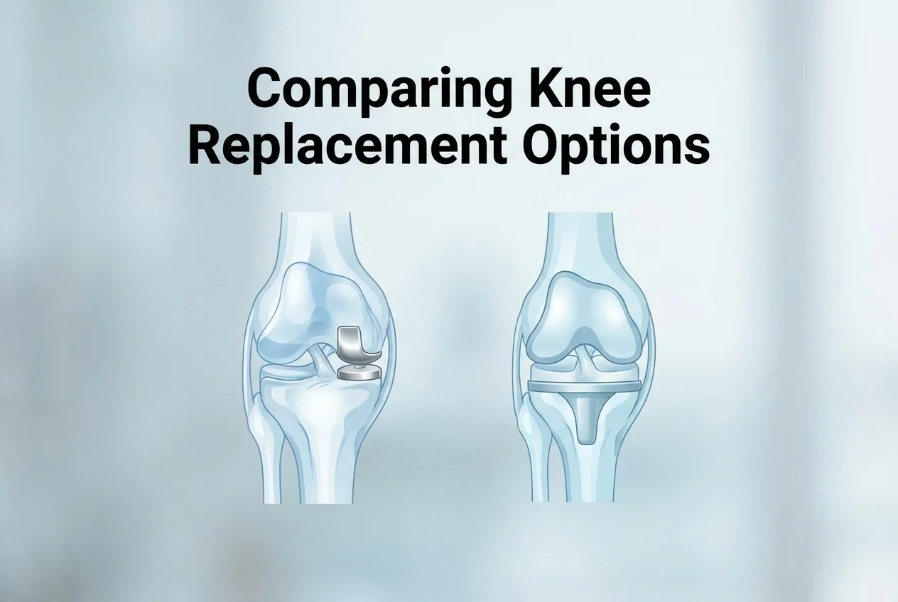 Side-by-side comparison illustration of a partial Oxford Knee implant next to a full total knee replacement implant on a light clinical blue background