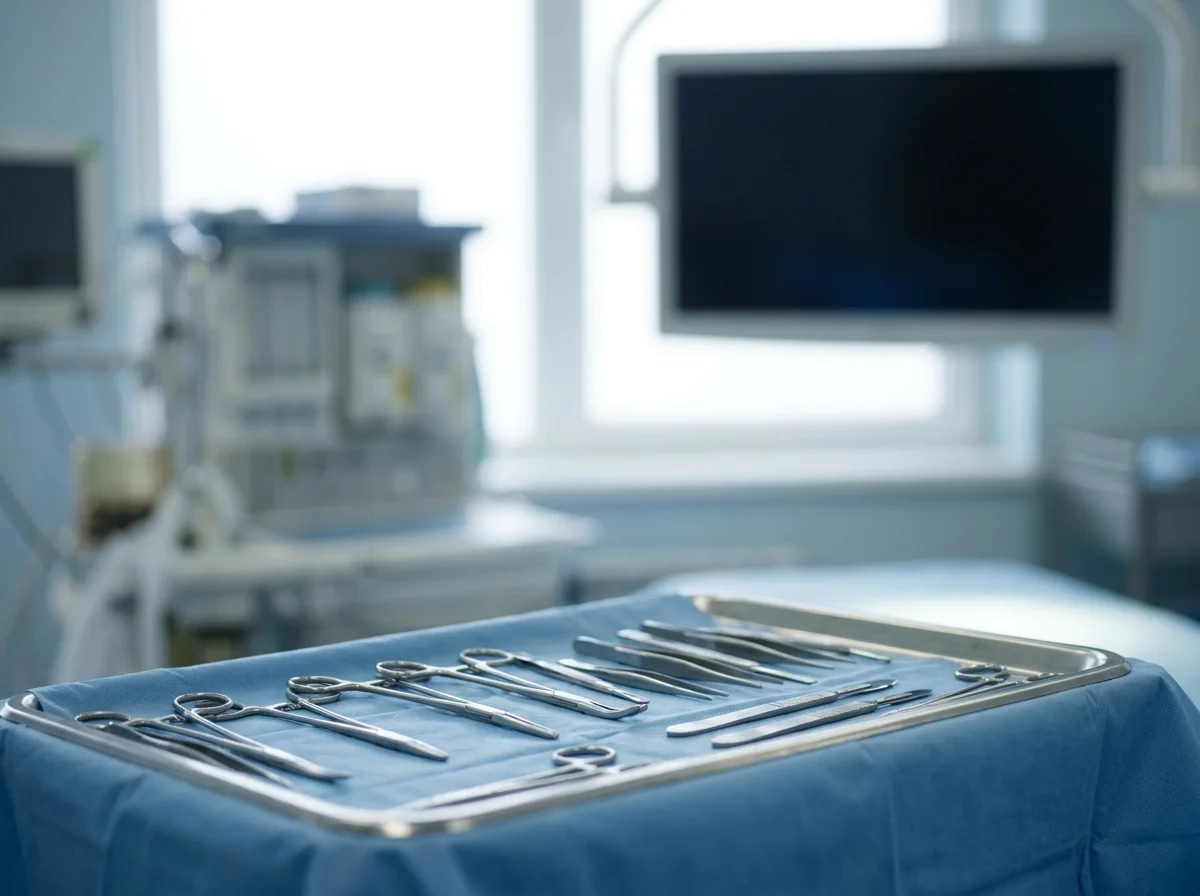 Surgical instruments and operating theatre setup for rhinoplasty procedure, clinical documentary style